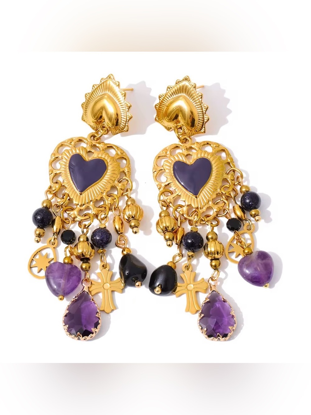Purple Heart Charm Statement Earrings | Gold Plated| Vintage Gothic Boho Jewelry - Picture 4 of 4